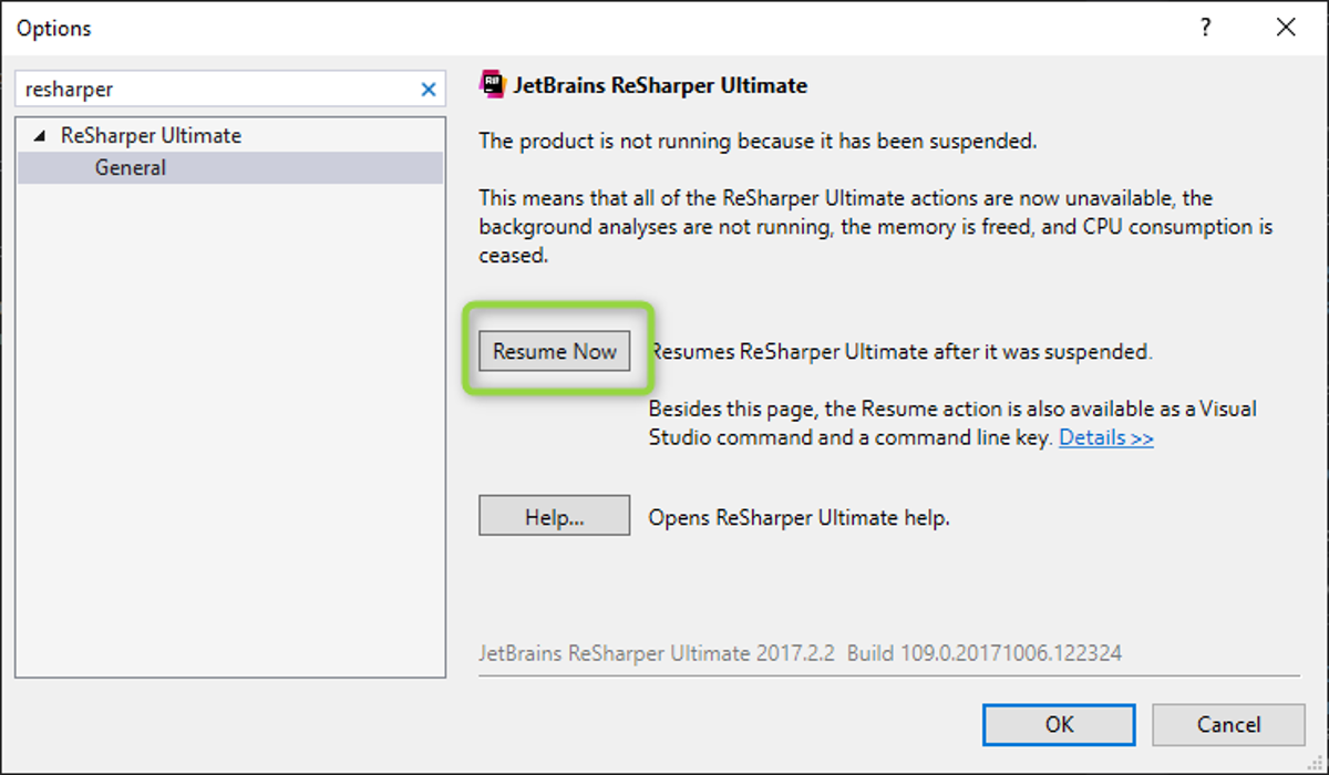 Resume ReSharper in Visual Studio Button