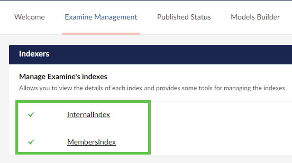 Active Examine indexes in Umbraco Settings view after index removal