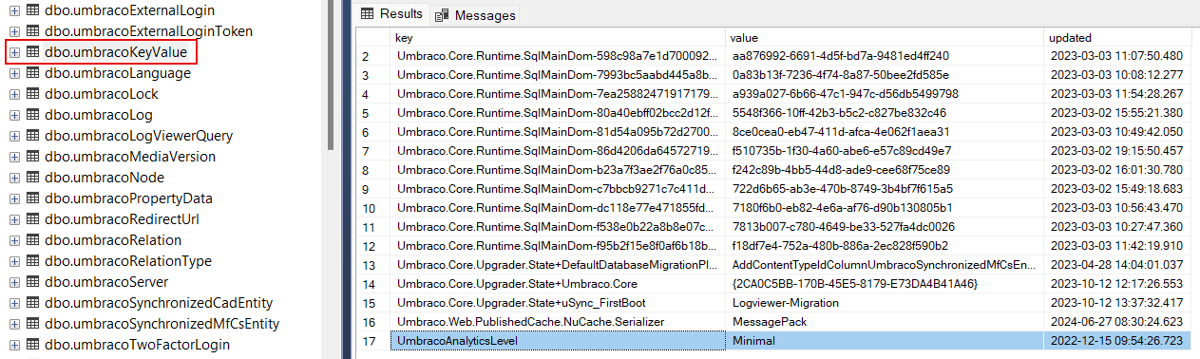 Umbraco umbracoKeyValue table in SQL Server Management Studio view