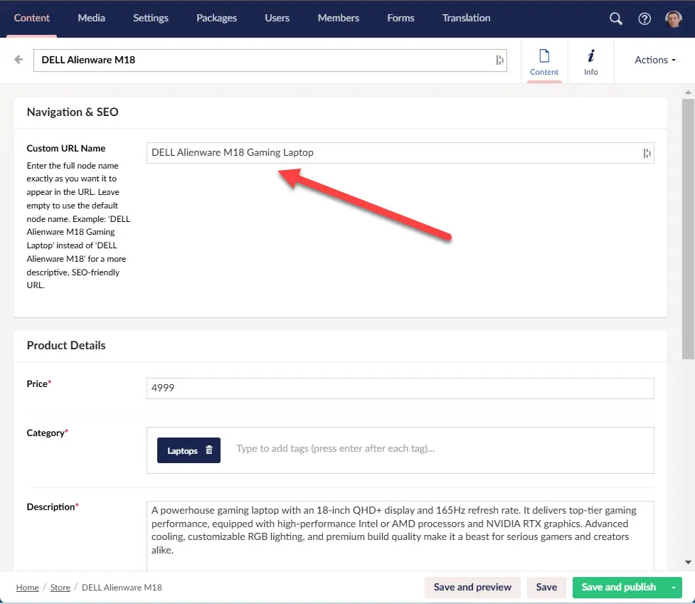 New umbracoUrlName for a Content Node: DELL Alienware M18 Gaming Laptop