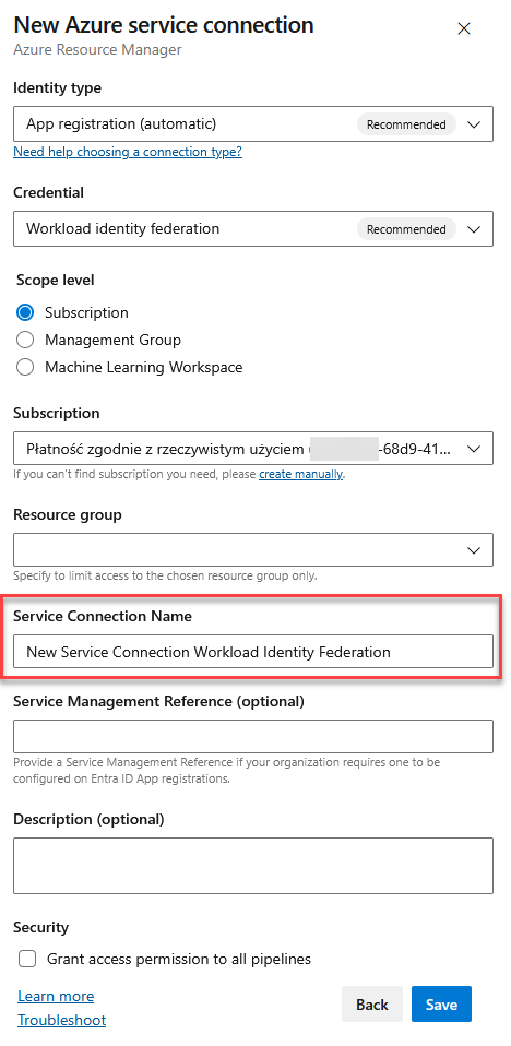 Azure DevOps new Workload Identity Federation service connection
