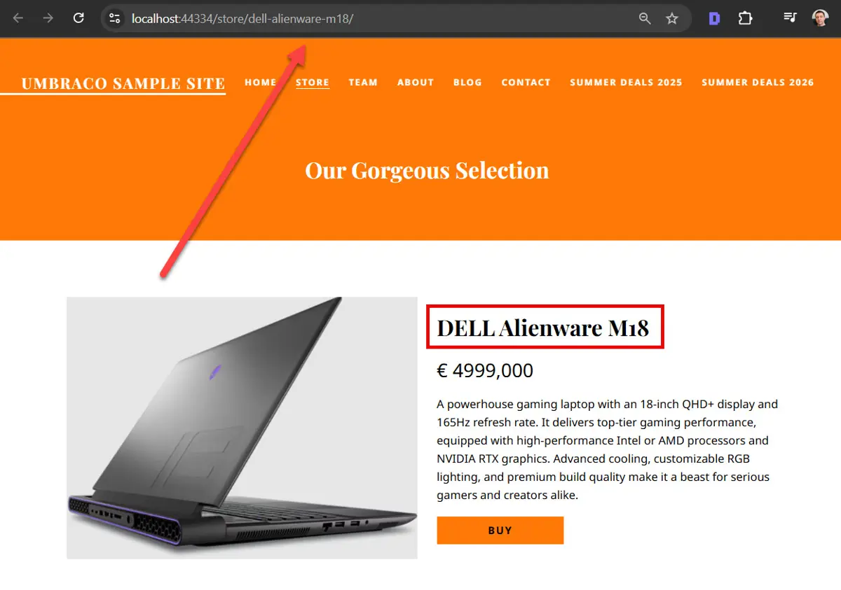 DELL Alienware M18 product page in Umbraco store