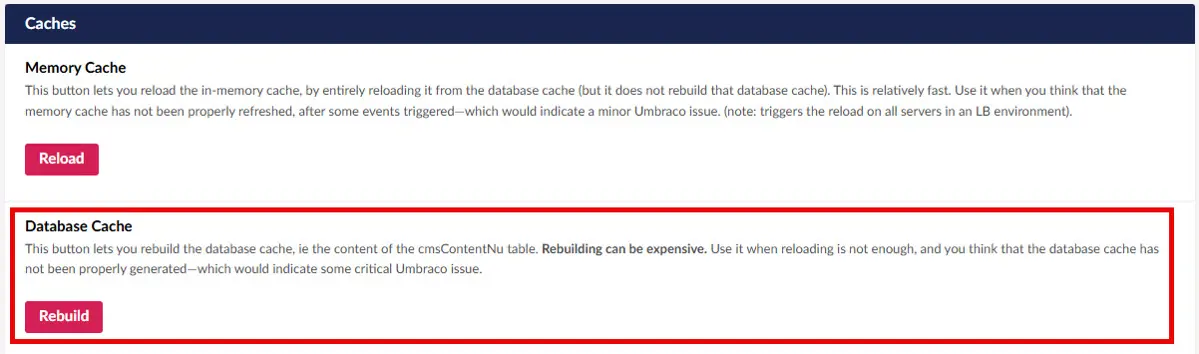 Umbraco v13 Rebuild Database Cache option in Back office