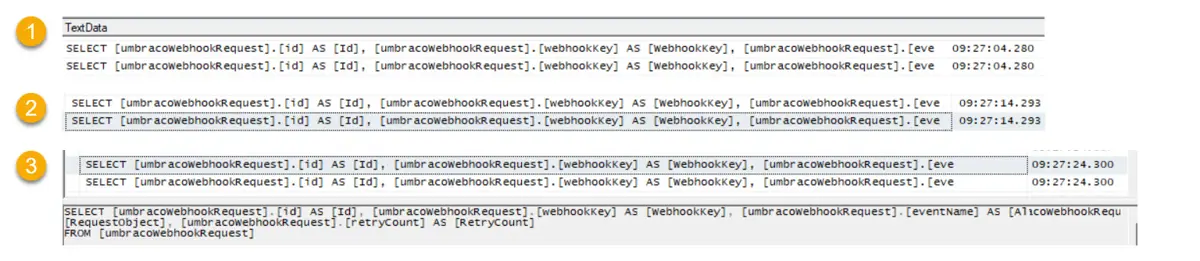 Cyclic SQL queries to umbraco Webhook Request table