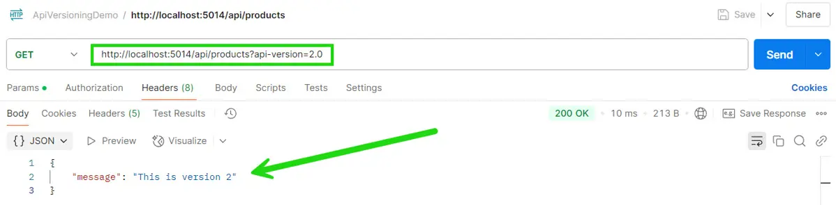 A Postman request using /api/products?api-version=2.0.
