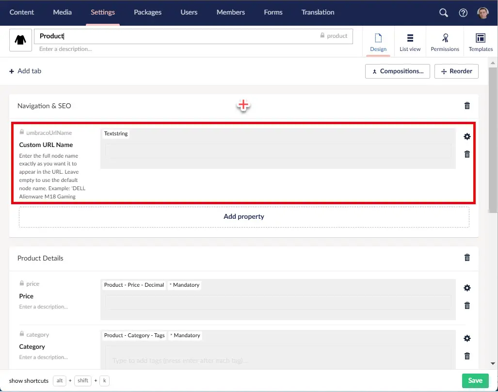 New umbracoUrlName Textstring property in the product document type