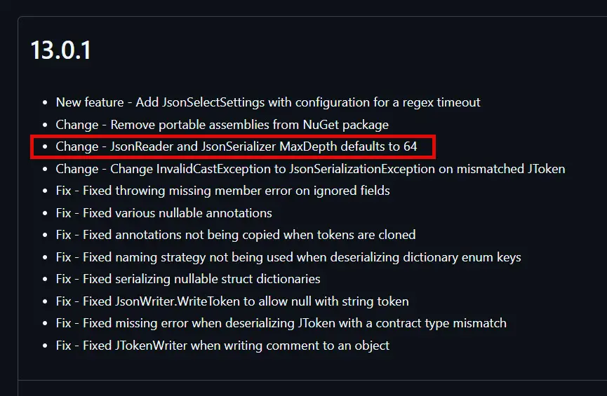 Newtonsoft.Json JsonSerializerSettings DefaultMaxDepth = 64