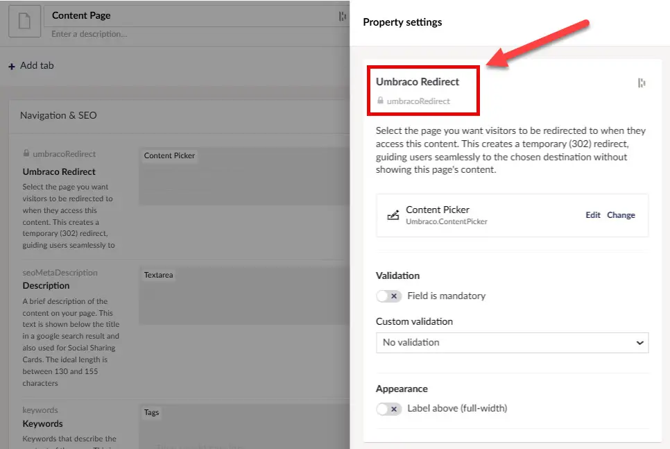 Umbraco Redirect Document Type Property