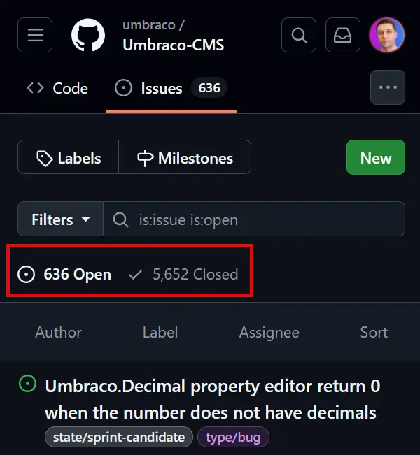 Umbraco open issues on GitHub