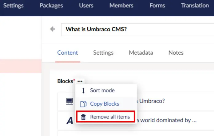 Remove all items option in Umbraco Block List