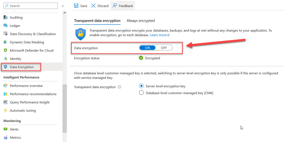 Azure transparent data encryption for SQL database