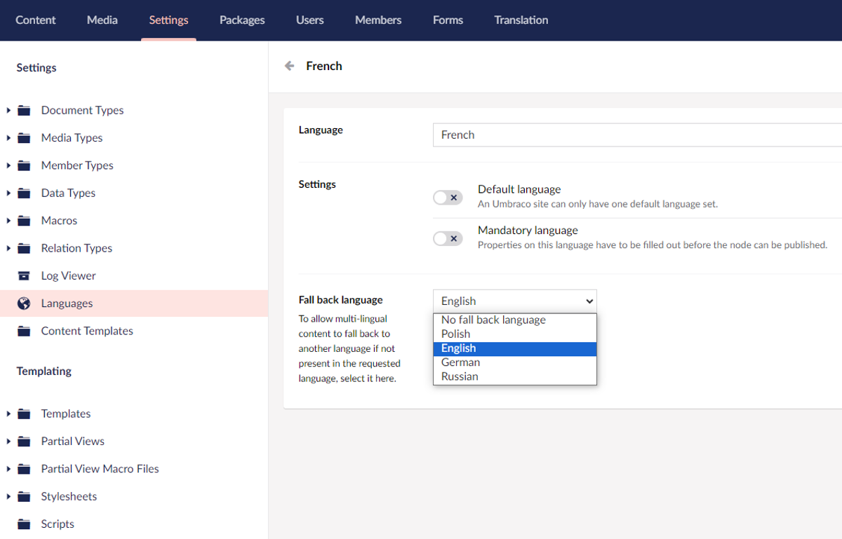 Fall back language configuration in the Settings section of the Umbraco CMS