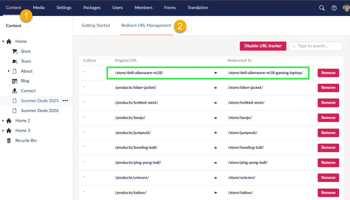 New redirect for original URL is visible in Umbraco’s Redirect URL Management panel