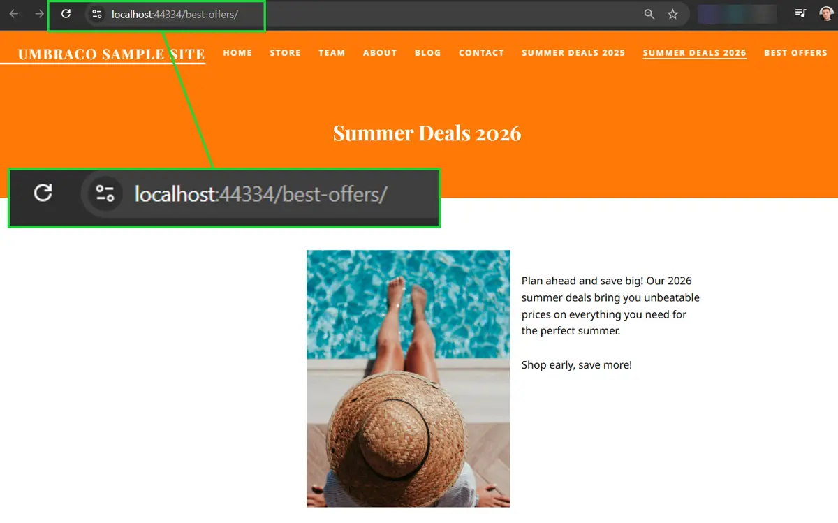 The browser should display the content of the Summer Deals 2026 page while keeping /best-offers/ in the address bar