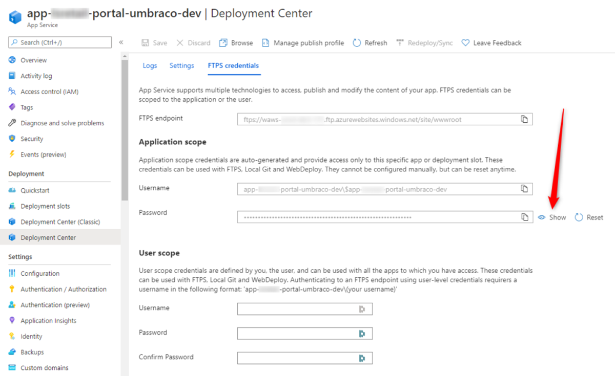 App service > Deployment Center > FTPS Credentials