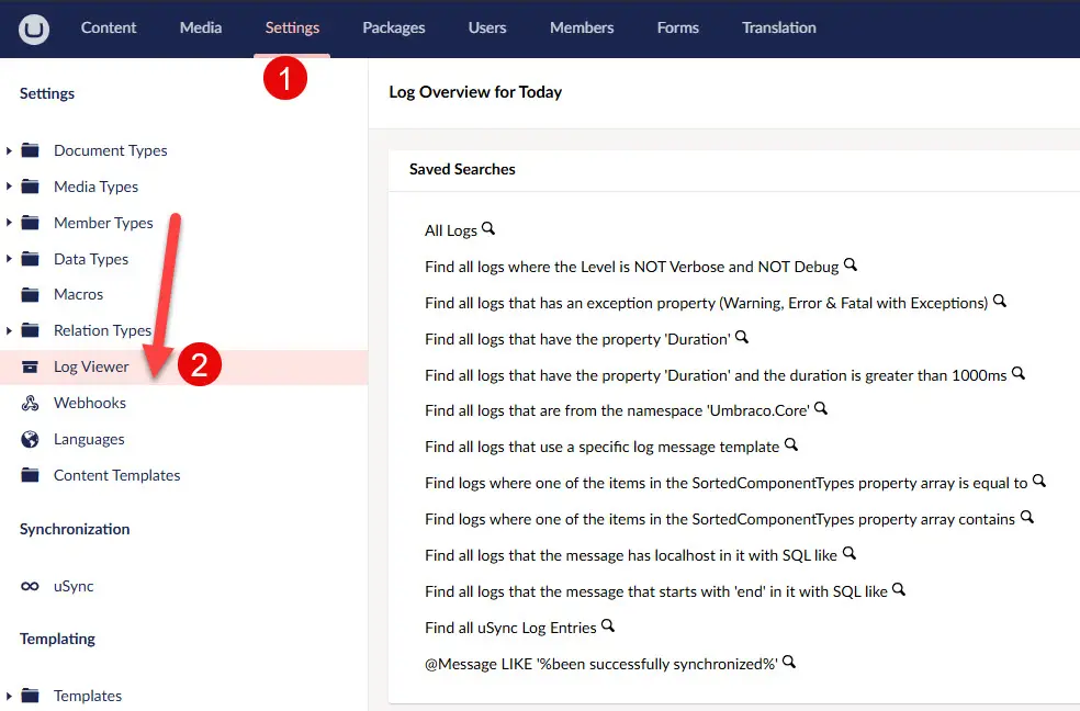 Navigating to Umbraco LogViewer in Backoffice