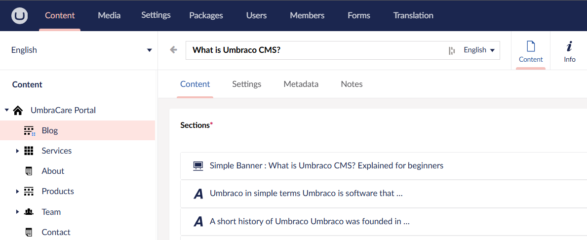 Back office panel in Umbraco