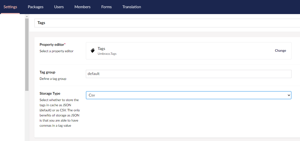 Umbraco.Tags - CSV storage type selected