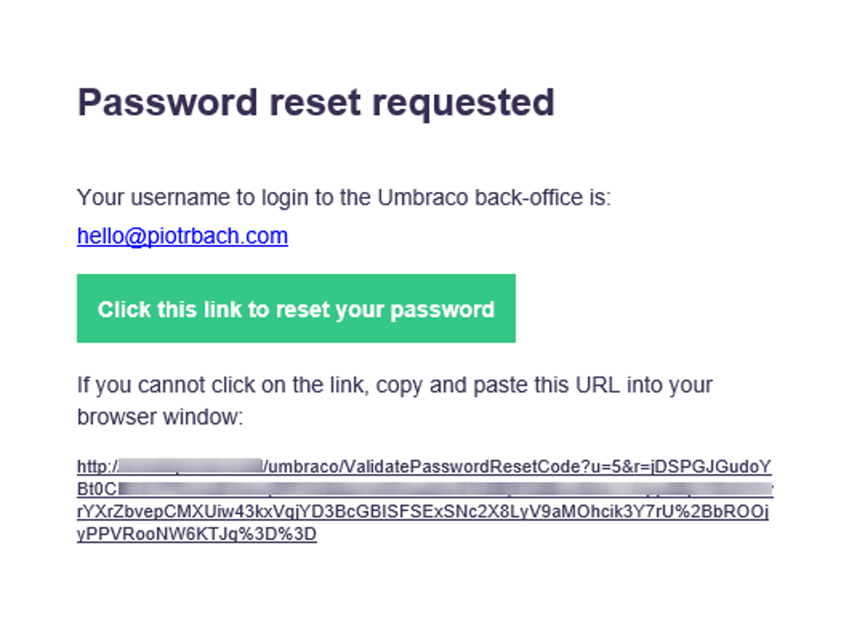 Umbraco password reset requested email