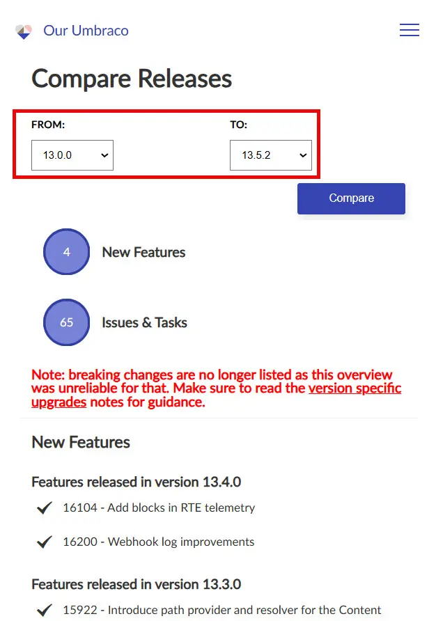 Comparing Umbraco versions before Upgrade